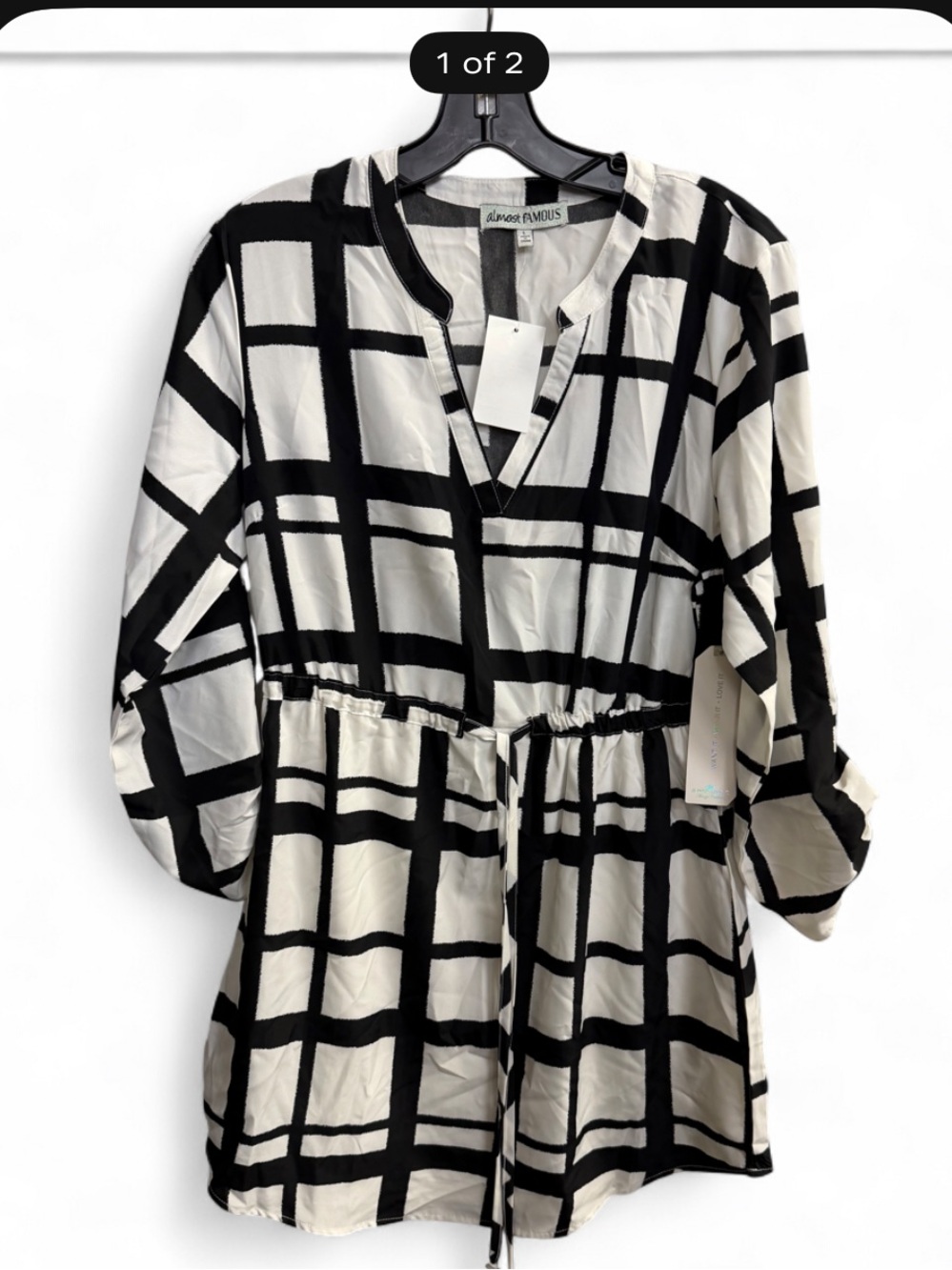 Almost Famous Black & White Plaid dress with Drawstring Waist